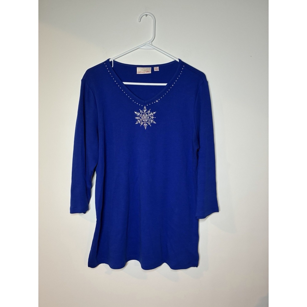 Vintage Quacker Factory Snowflake Sweater M Blue Bead Embellish V Neck Pullover